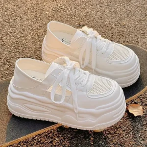 Women’s Walking Shoes Autumn White Thick Soled Casual Anti Slip Breathable Mesh Upper Height Increasing Lace Up Board Shoes
