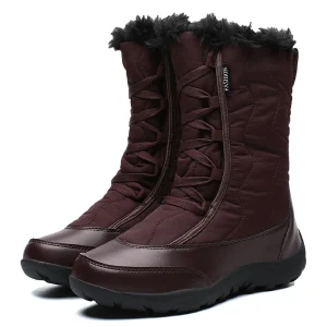 Women’s Warm Waterproof Cold Resistant Furry Collar Outdoor Mid Calf Easy Wear Lace-up Winter Snow Boots
