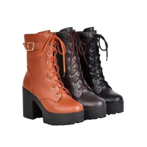 Women’s Waterproof Ankle Height Boots Large Lace up Closure Solid Pattern Thermal Feature PU Thick Heel