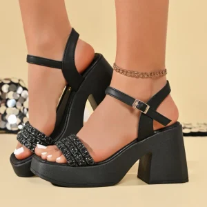 Women’s Waterproof Platform Fashion Slip-on Thick Wedge Sole Rhinestone PU Material for Outdoor