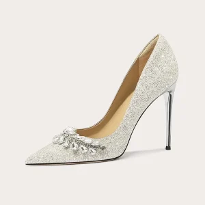 Women’s Wedding Party Crystal Pumps Pearls High Heel Bridal Shoes with Pointed Toe Slip-On Rhinestone Fashion Trend Thin Heels