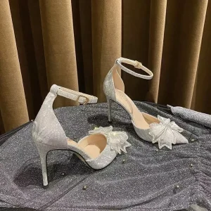 Women’s Wedding Rhinestone Hollow Bow Bridesmaid High Heels Pointed Toe Thin Heel Sandals