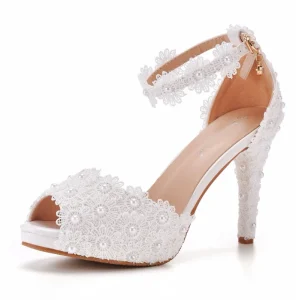 Women’s Wedding Shoes With White Pearl Peep Toe Sandals High Heels Pumps Plus Size Comfy Heeled Sandals Wedding Shoes for Woman