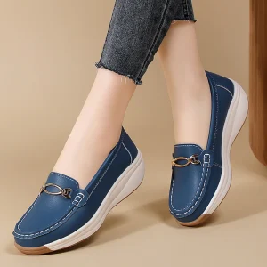 Women’s Wedge Heel Loafer Flats PU Upper Metal Non-slip Rubber Sole Casual Daily Walking Shoes