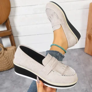 Women’s Wedge Heel Loafers With Tassel Decor Slip On Height Increasing Casual Shoes for Daily and Office Wear