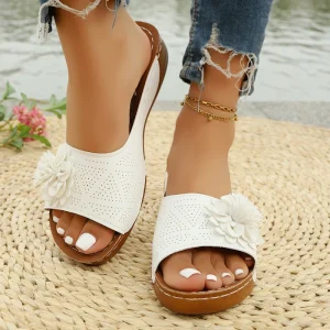 Women’s Wedge Heel Mules Sandals Flower Decor Open Toe Thick Sole Slip On Comfortable Casual Summer Shoes