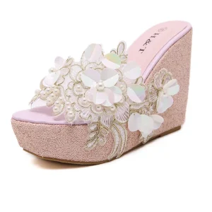 Women’s Wedge Heel Platform Heel Sandals Girls Thick Heels Sandals Open Toe Sweet Flower Pump Sandals Wedding Dress Shoes Trend
