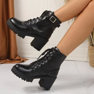 Women’s Western Black Boot Lace Up Ankle Boot High Heels Girl Boots