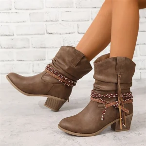 Women’s Western Boots Fall Winter High Heels Short Boots Retro Pointed Toe Chunky Heels Ankle Boots for Women