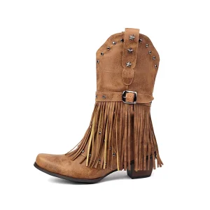 Women’s Western Cowboy Boot PU Upper Sheepskin Lining Anti Slip Chunky Heels Slip On Closure Mid Calf Autumn Winter Fashion