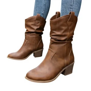 Women’s Western Cowboy Boots Pleated Slip-on Mid-Height Chunky Heel Synthetic Leather Upper
