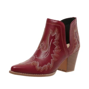 Women’s Western Cowgirl Ankle Boots Embroidered Stitched Pointed Toe Cutout Chunky Heels