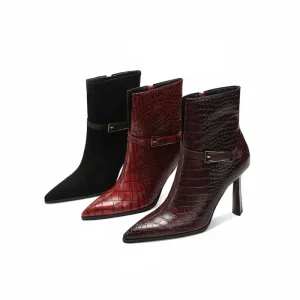 Women’s Western Formal Croc Embossed Faux Leather Ankle Boots Side Zipper Pointed Toe Stiletto Heel Booties Height Increasing