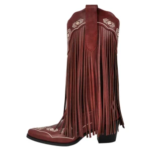 Women’s Western Fringe Cowboy Boots Burgundy Embroidered Mid Calf Boots Party Footwear