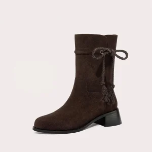 Women’s Western Fringe Retro style Matte Leather Chunky Mid Calf Boots
