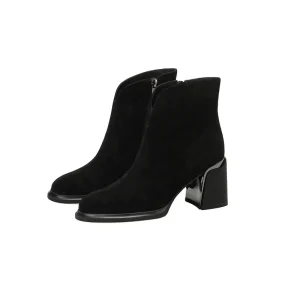 Women’s Western Modern Side Zip Black Faux Suede Ankle Boots with Square Heel Height Increasing