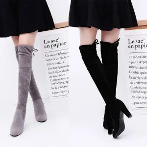 Women’s Western Thigh High Over the Knee Boots Autumn Winter Stretchy Faux Suede Chunky Block Heel