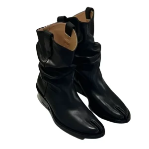 Women’s Western Vintage Chunky Slouchy Slip-on Split Toe Boots Black Mid-Calf Boots Half-Tube Booties for Women Shoes