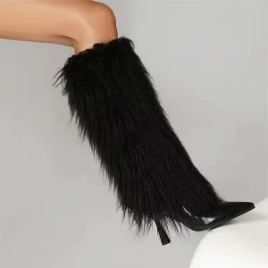Women’s Western Winter Summer Snow Fur Pointed Knee-High Boots Slip-On Super High Stiletto Heel PU Comfort Soft Anti-Slippery