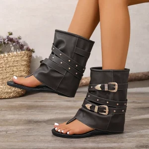 Women’s Western style Ankle Boots Wedge Heel Rivet Buckle Toe post Design Casual Beach Sandals Boots