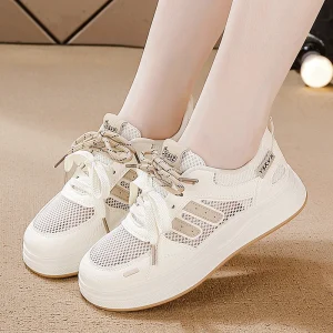Women’s White Beige Mesh Breathable Sneakers Lace Up Casual Walking Shoes Lightweight Non Slip Flat Sole Summer Footwear