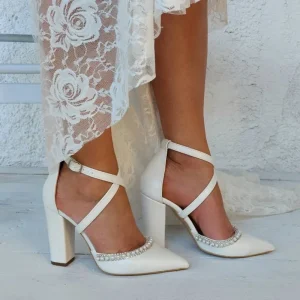 Women’s White Block Fashion Ankle Strap High Heels Slip On Pearls Court Bridal Wedding Shoes for Summer