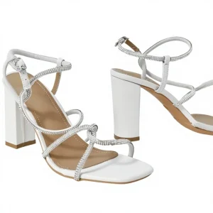 Women’s White Block Heel Sandals Square Toe Ankle Strap Sandals with Rhinestone Detail Bridal and Party Dress Shoes