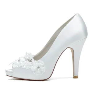 Women’s White Bridal High Heels Pumps Thin Heel Point Toe Peep Toe Slip-On Closure Summer Outdoor Dress Sandal Fashion Trend