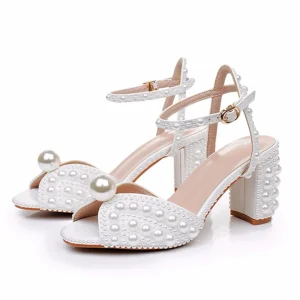 Women’s White Bridal Wedding Dress Pearl Shoes 7cm Thick Heel Fish Mouth Square Heel Wedge Sandals Peep Toe Design Sexy Summer