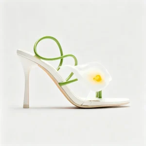 Women’s White Calla Lily Flower Heel Sandals Green Ankle Wrap Stiletto High Heels Wedding Party Dress Shoes
