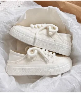 Women’s White Canvas Platform Shoes Cute Thick soled Sneakers with Rope Laces Casual Daily Shoes