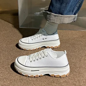 Women’s White Canvas Platform Sneakers Zigzag Gum Sole Black Trim Lace-Up Design Stylish Comfortable Daily Footwear
