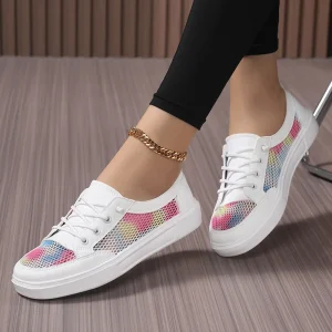 Women’s White Casual Sneakers Colorful Mesh Panel Lace-Up Design Plus Size Available Stylish Breathable Daily Shoes for Women