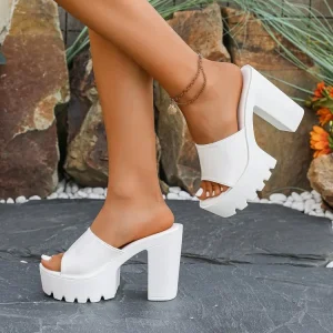 Women’s White Chunky High Heel Sandals Comfortable Fashionable Versatile Summer Footwear for International Buyers