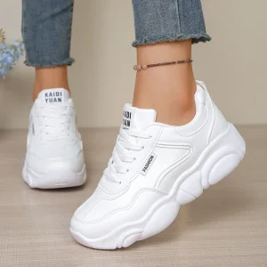 Women’s White Chunky Sneakers Lace Up Casual Platform Walking Shoes