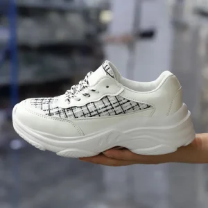 Women’s White Chunky Sole Casual Sneakers Black & White Plaid Pattern Lace Up Design Stylish Daily Footwear