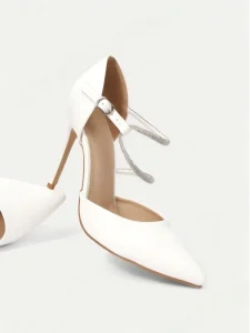 Women’s White D’Orsay Stiletto Pointed Toe Rhinestone Strap Heels Elegant Bridal & Evening Party Dress Shoes