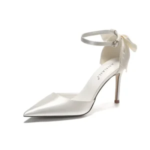 Women’s White Fairy Style Bridal Wedding Thin Heels Slip-On Shoes Bow Detail Summer Autumn Solid Color Breathable Anti-Slippery