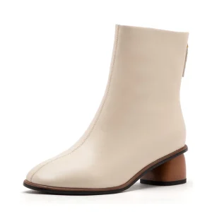Women’s White Genuine Leather Zip Chunky Heel Anti-Slip Ankle Boots