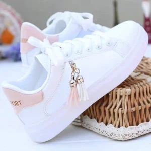 Women’s White Korean Style Casual Sneakers Summer Running Low Top Flat Shoes with Lace Up Closure Mesh Insole