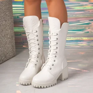 Women’s White Lace Up Chunky Heel Boots Round Toe Lug Sole Mid Calf Boots Gothic Punk Style Footwear