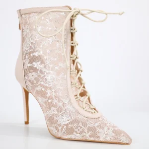Women’s White Lace Wedding Shoes Low Heel Chelsea Boots Satin Pink Ankle Height for Autumn Winter Seasons