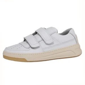Women’s White Leather Casual Shoes Breathable Thick-Soled Velcro All-Match Knit Upper for Walking