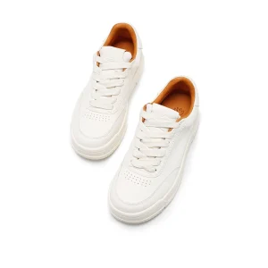 Women’s White Leather Sneakers Low Top Casual Skate Shoes with Breathable Perforated