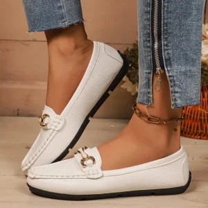 Women’s White Loafers Gold Buckle Decor Slip On Flat Driving Shoes Casual Comfortable Daily Footwear for Ladies