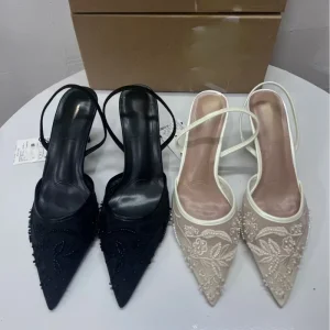 Women’s White Low-Cut Back Strap Embroidered Mesh Thin High Heel Open Heel Pointed Toe Mule Shoes