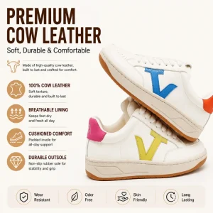 Women’s White Low-Top Sneakers With Colorful V Logo Casual Shoes