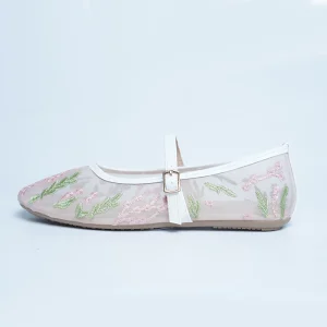 Women’s White Mesh Embroidery Round Toe Single Strap Ballet Flats PVC Midsole Rubber Outsole Slip On Closure Lightweight Design