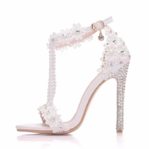 Women’s White One-Character Buckle PU Pointed Toe High Heel Beaded Roman Sandals Plus Size Banquet Shoes