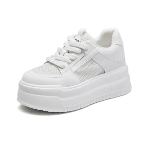 Women’s White Running Shoes Autumn Thick Soled Casual Board Sneakers Height Increasing Lace Up Mesh Upper PU Midsole PVC Styles
